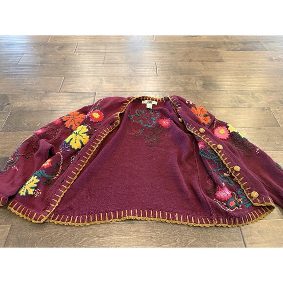 Vtg 80s Segue Womens Maroon Floral Embroidery Button Up Sweater Size M Medium - Picture 5 of 8